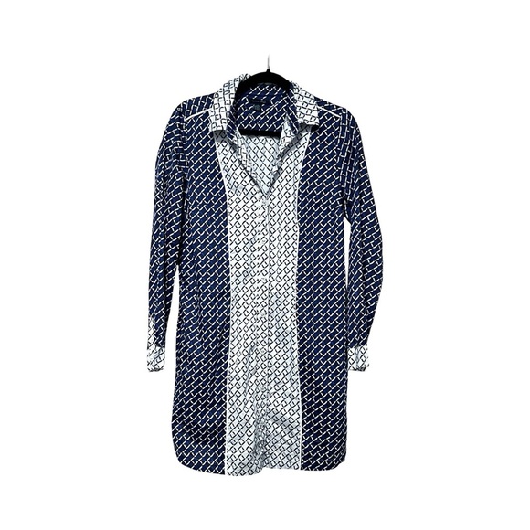 TOMMY HILFIGER Button Down Shirt Dress Geometric Print Blue Sz M - Picture 2 of 6